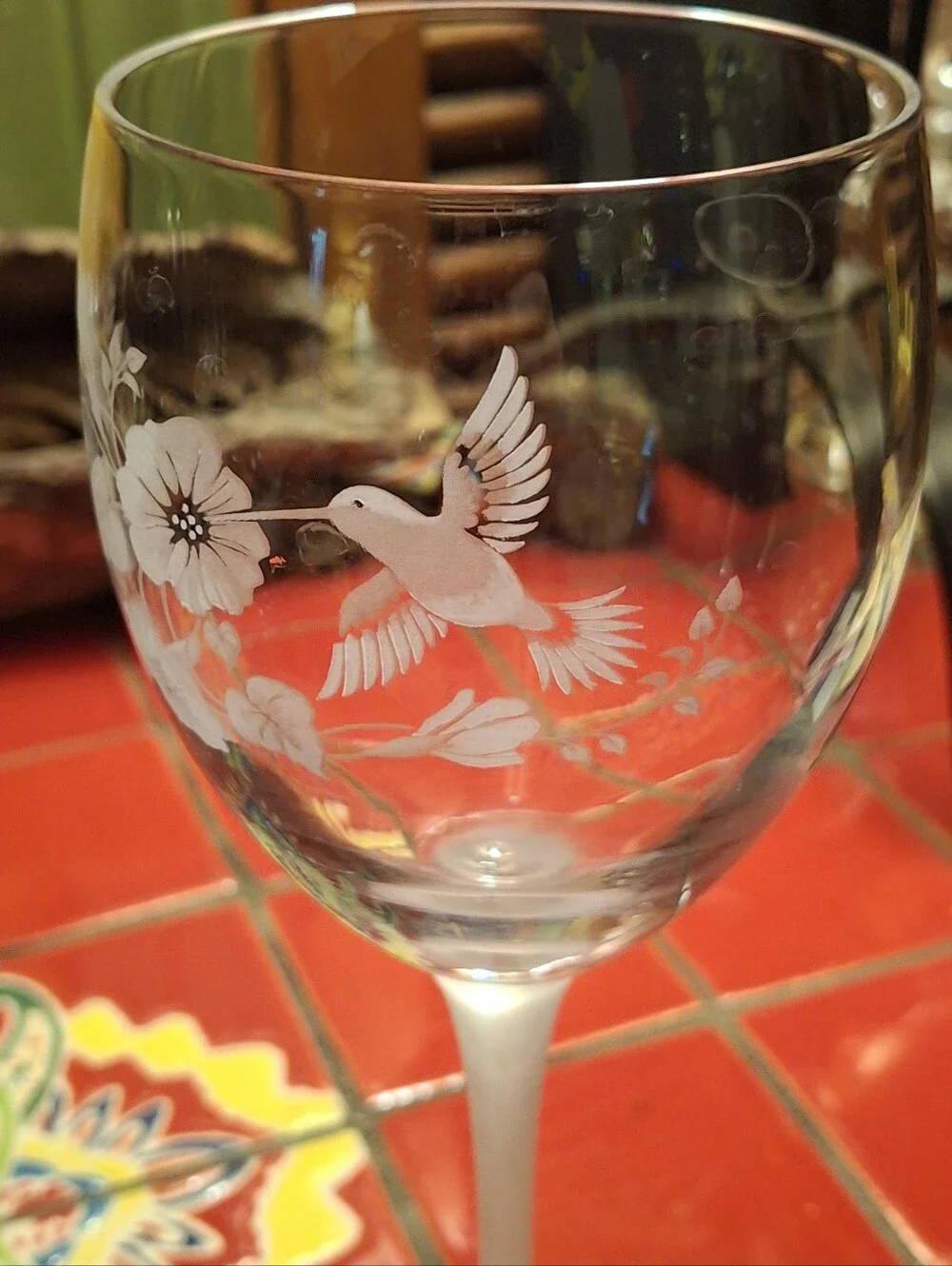 Hummingbird Etched Crystal W Frost Glass Stem Goblet Drink Glass 8.25